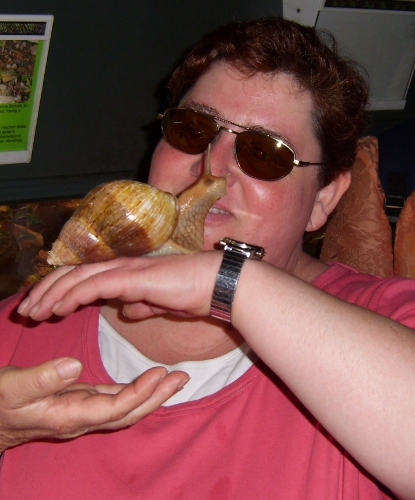 Maria St. Mont hält eine Achatschnecke Agathe auf ihrer Hand. Die Schnecke füllt ihre Handfläche voll aus.